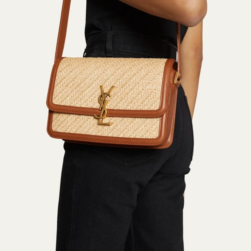 SAINT LAURENT Medium YSL Flap Raffia Shoulder Bag